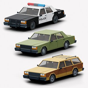 3D model Stylized Cartoon Cars Police Sedan and Wagon 80s Low-poly
