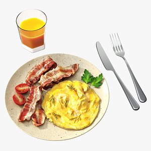 3D Breakfast with omlette bacon and juice 02