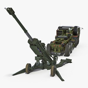 Truck Oshkosh HEMTT Towing M777 Howitzer Rigged 3D Model