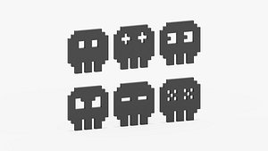 Pixelated 8 Bit Skull Icons Set 3D model