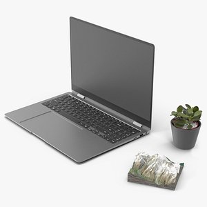 Workspace Setup with Laptop and Decor