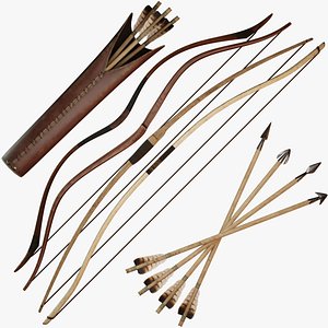 Collection of bows with arrows and quiver 3D model