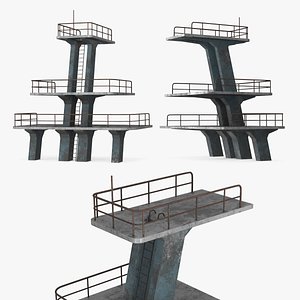 3D model Old Concrete Diving Tower with Rusted Rails
