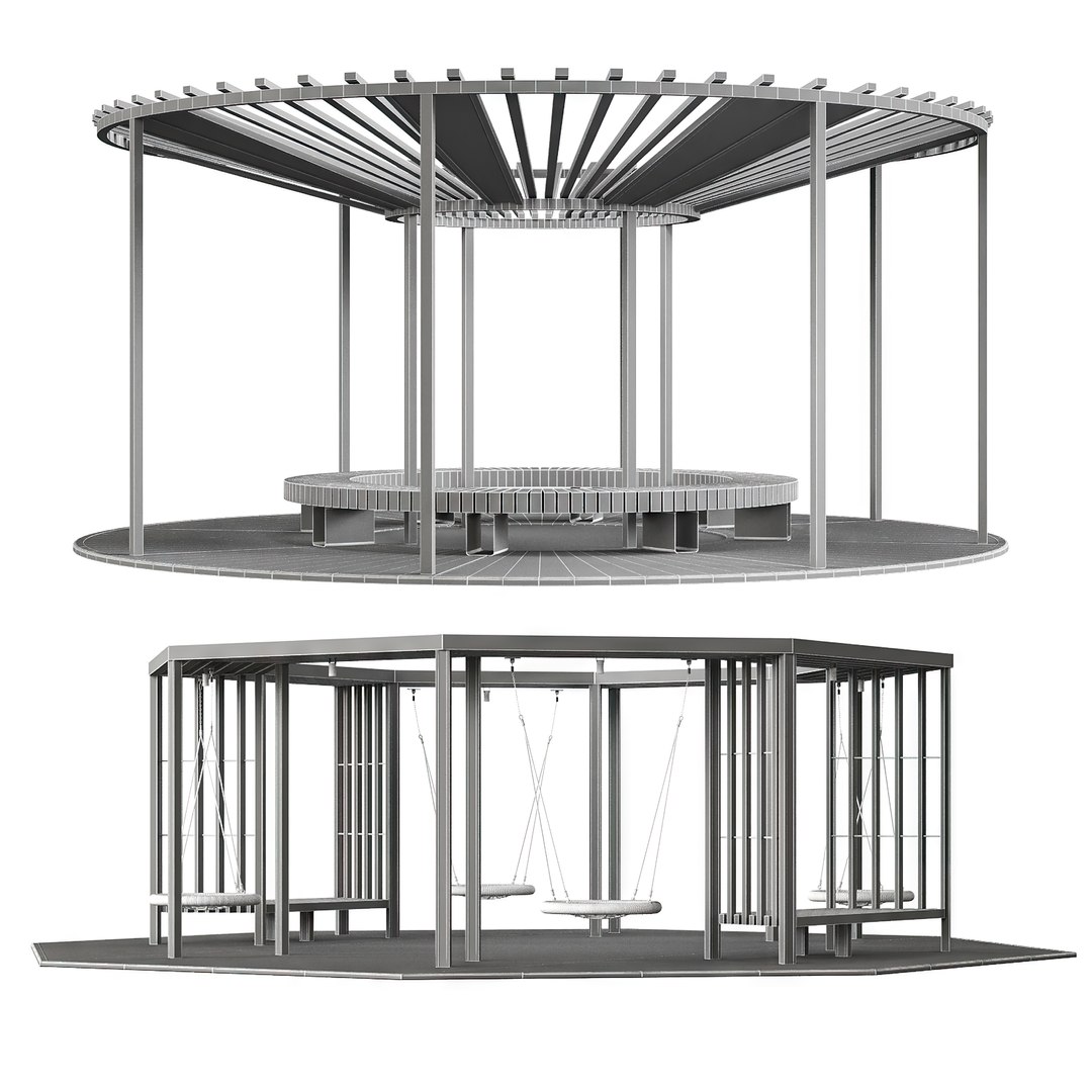 Set Of Pergolas Gazebos Canopies With Swings Benches 3D Model 3D Model ...