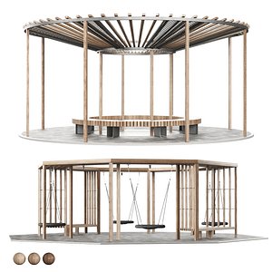 Set of pergolas gazebos canopies with swings benches 3D model 3D model