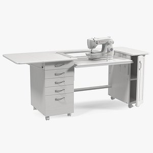 Singer Sewing Machine on White Table Cabinet Rigged