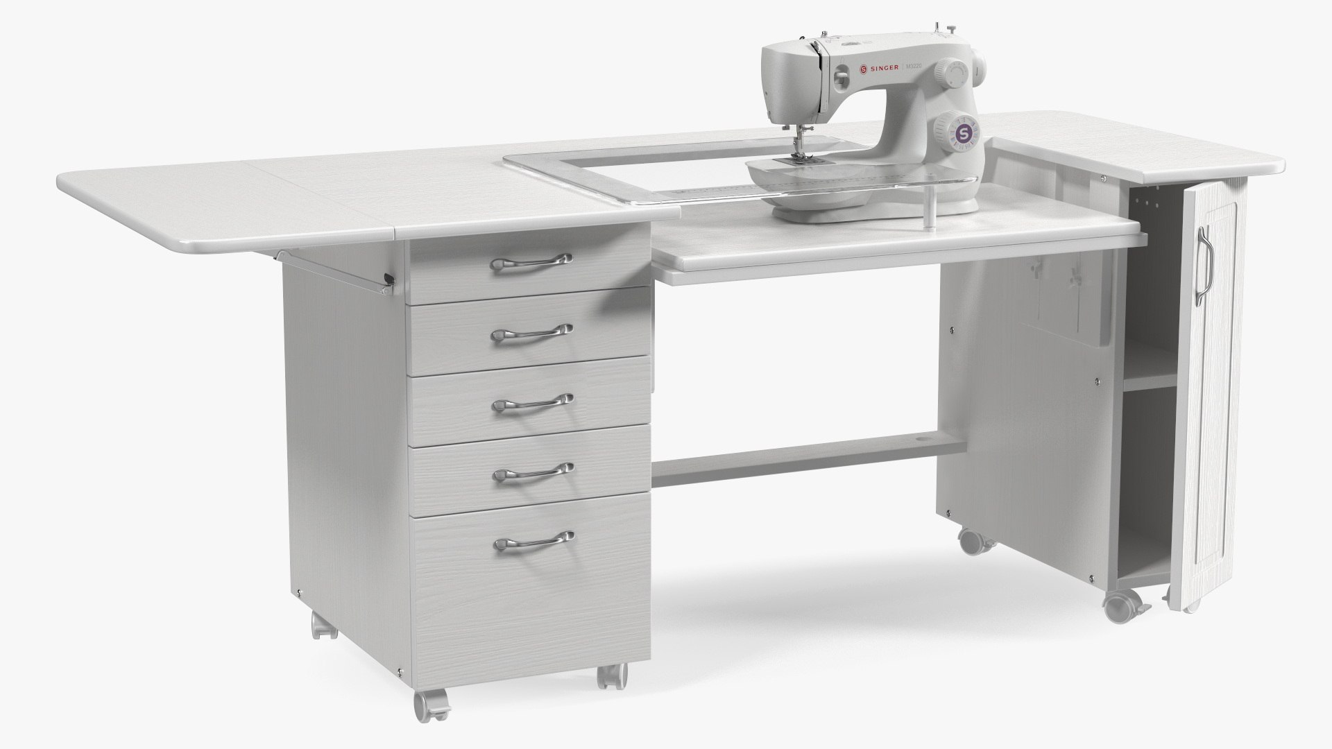 Singer Sewing Machine on White Table Cabinet Rigged 3D model preview