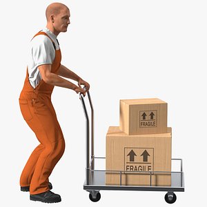 3D Worker with Trolley Low Platform Railing Cardboard Boxes Rigged Fur for Modo model