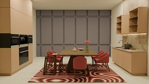 3D Contemporary Open Kitchen  Dining Set Neutral Palette Scandinavian Style