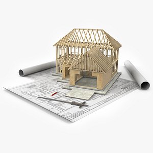 3D Construction Project with Wooden Frame and Measuring Instruments