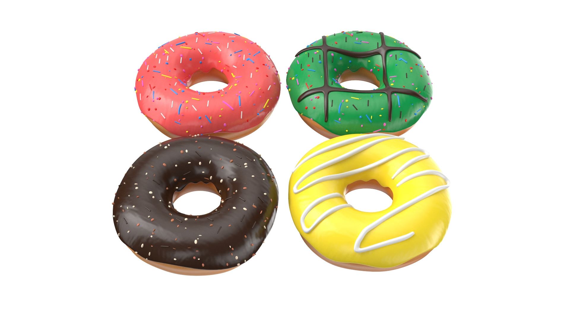 3D Four Donuts model https://p.turbosquid.com/ts-thumb/54/X2Qswl/Qe/turn/jpg/1644306808/1920x1080/turn_fit_q99/9298f6f05edb891e7635702f5b9d37ddfc23a4d7/turn-1.jpg