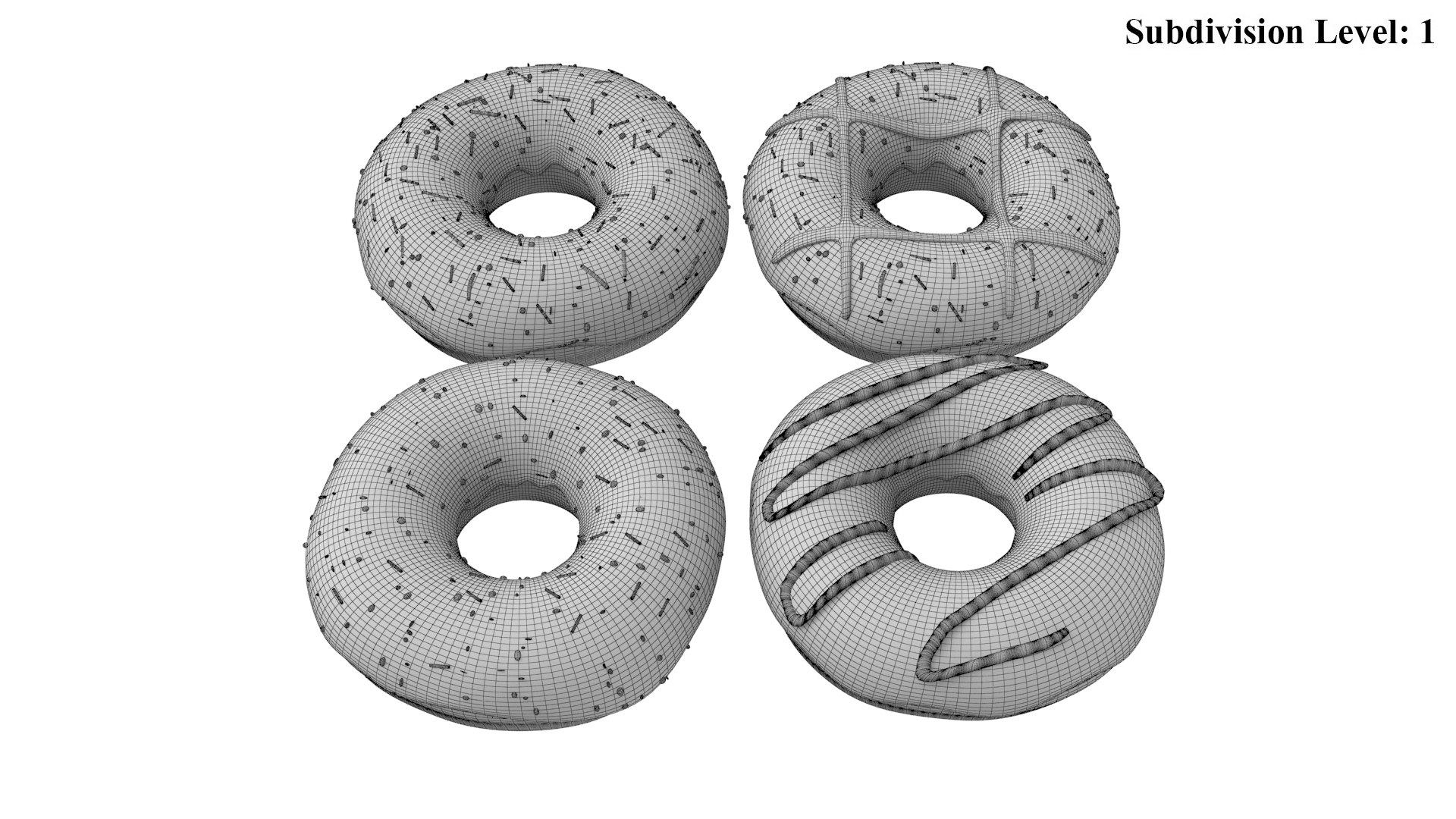 3D Four Donuts model https://p.turbosquid.com/ts-thumb/54/X2Qswl/ZR/9/jpg/1644307247/1920x1080/fit_q87/c28d87d0754af7f241f6d7e6d00adc3bb8a43c9c/9.jpg