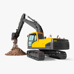 Excavator with Pile of Soil Rigged for Maya