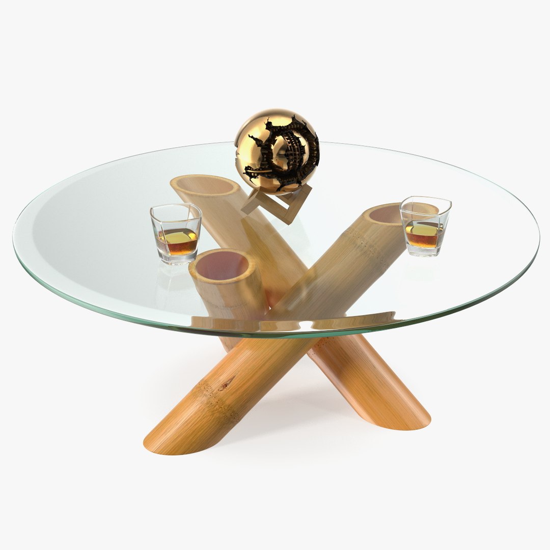 Bamboo Glass Coffee Table with Globe and Whiskey Glasses 3D model preview