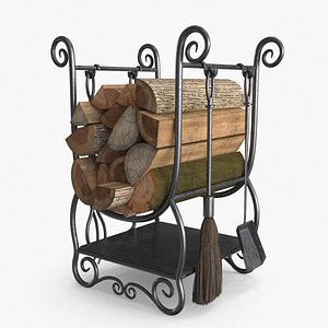 3D Fireplace Tools with Pile of Wood model