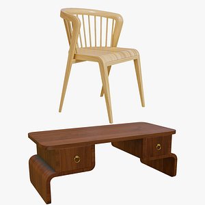 Wooden Chair With Coffee Table 3D model