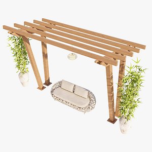 Wooden Pergola with Outdoor Patio Seating Set