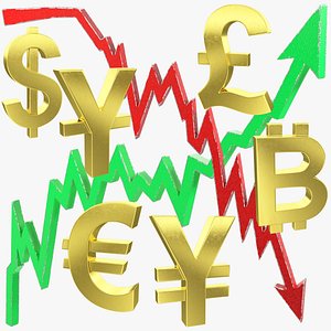 currency symbols graphs bitcoin 3D model