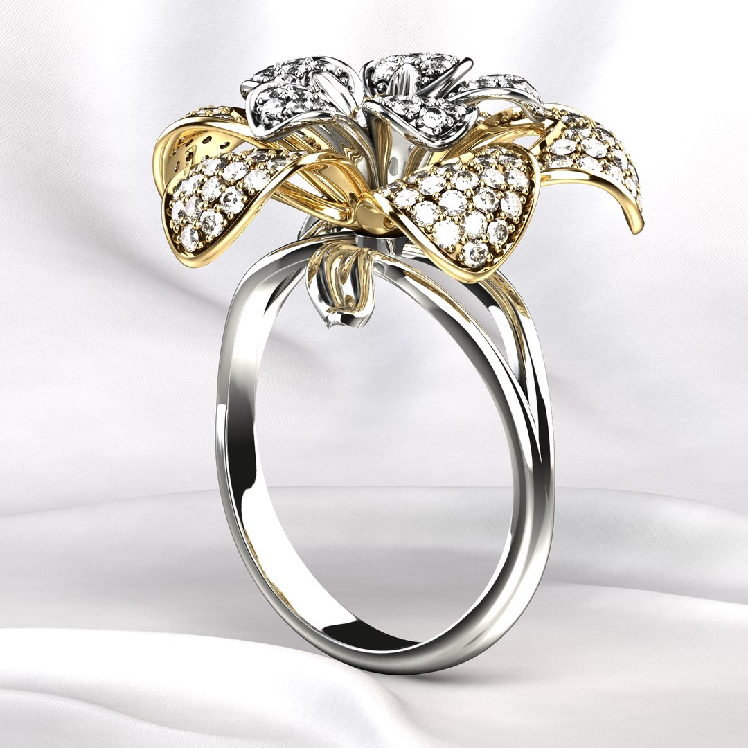 Flower Shape Combined Gold Luxury Ring Model - TurboSquid 1881082