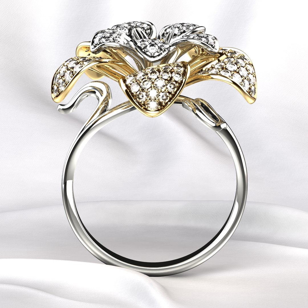 Flower Shape Combined Gold Luxury Ring Model - TurboSquid 1881082