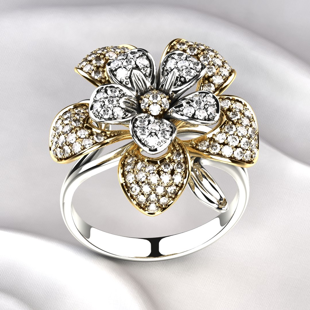 Flower Shape Combined Gold Luxury Ring Model - TurboSquid 1881082