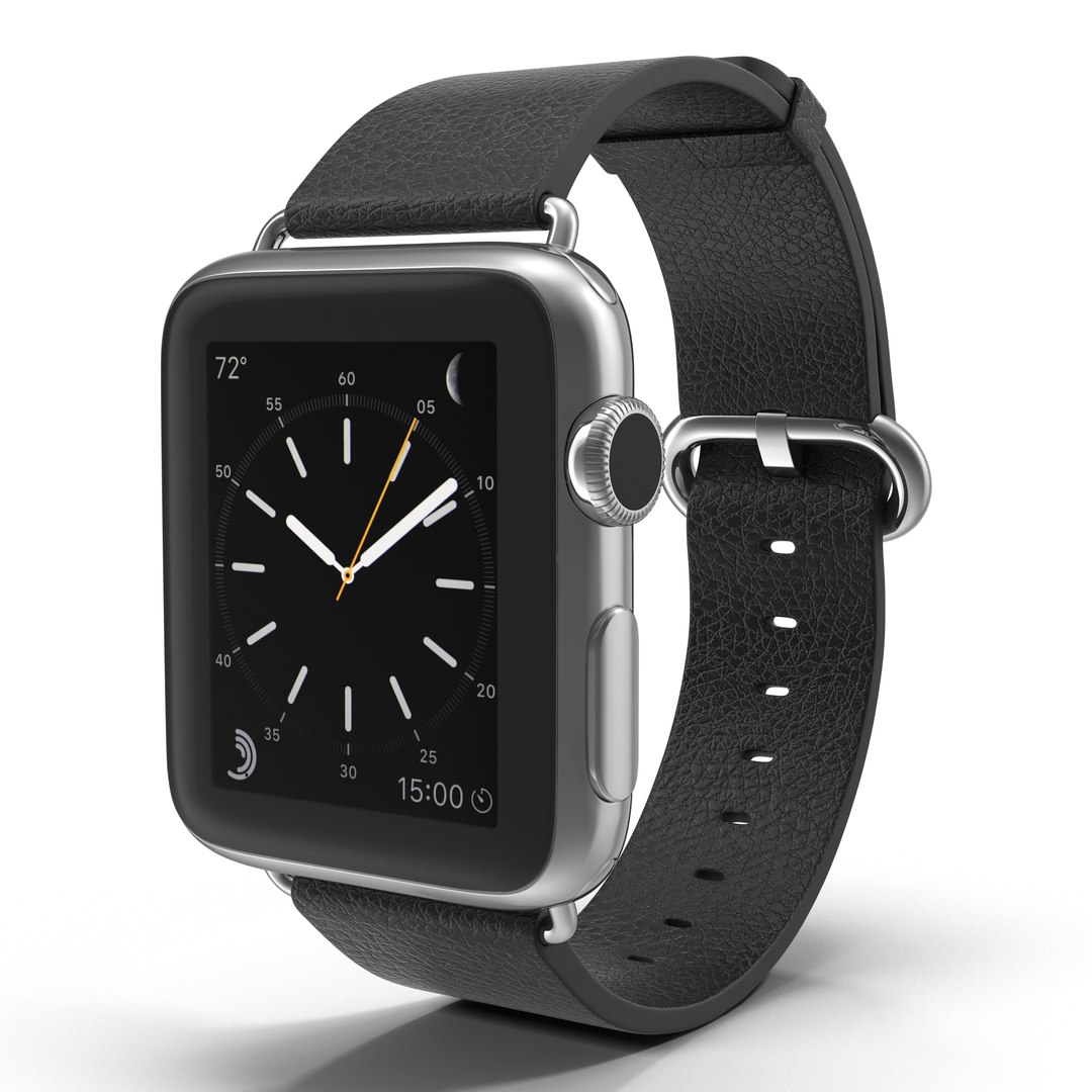 Apple Watch 38mm Classic Buckle Black Leather Stainless Steel 2 3D model preview