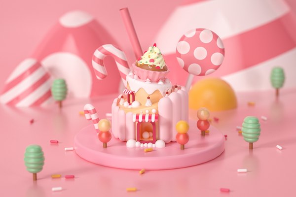 Modele 3d De Gateau D Anniversaire Gateau Meichen Dessert Maison Sucette Glace Rose Scene Bonbons Gateau Maison Dessin Anime Hous Turbosquid