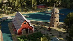 A Rustic Countryside Farm with Windmill and Riverside Barn