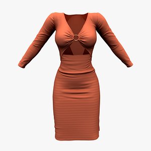 Buckle Connected Chest Side Slit Skirt Elegant Earth Female Dress 3D model
