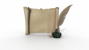 3D Set of papyrus and inkwell with stopper and quill PBR low-poly Low-poly 3D model model