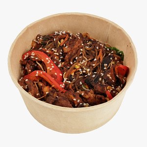 Japchae Poke bowl lunch noodles with korean chiecken asian meal