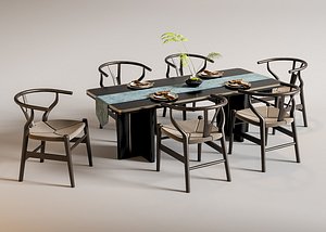 3D New Chinese Style Dining Set Dining Table and Chairs model