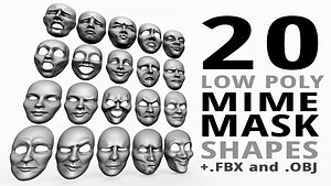 Low poly 20 mime and facial expression masks IMM zbrush set and obj and fbx files 3D model