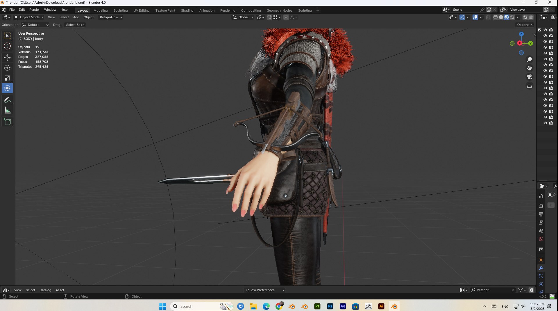 3D female witcher PBR Low-poly https://p.turbosquid.com/ts-thumb/5G/6D7olj/bm/bandicam20250502231720889/jpg/1746245503/1920x1080/fit_q87/00d5cfbced1217533a84f422d3301237c8bf80ec/bandicam20250502231720889.jpg