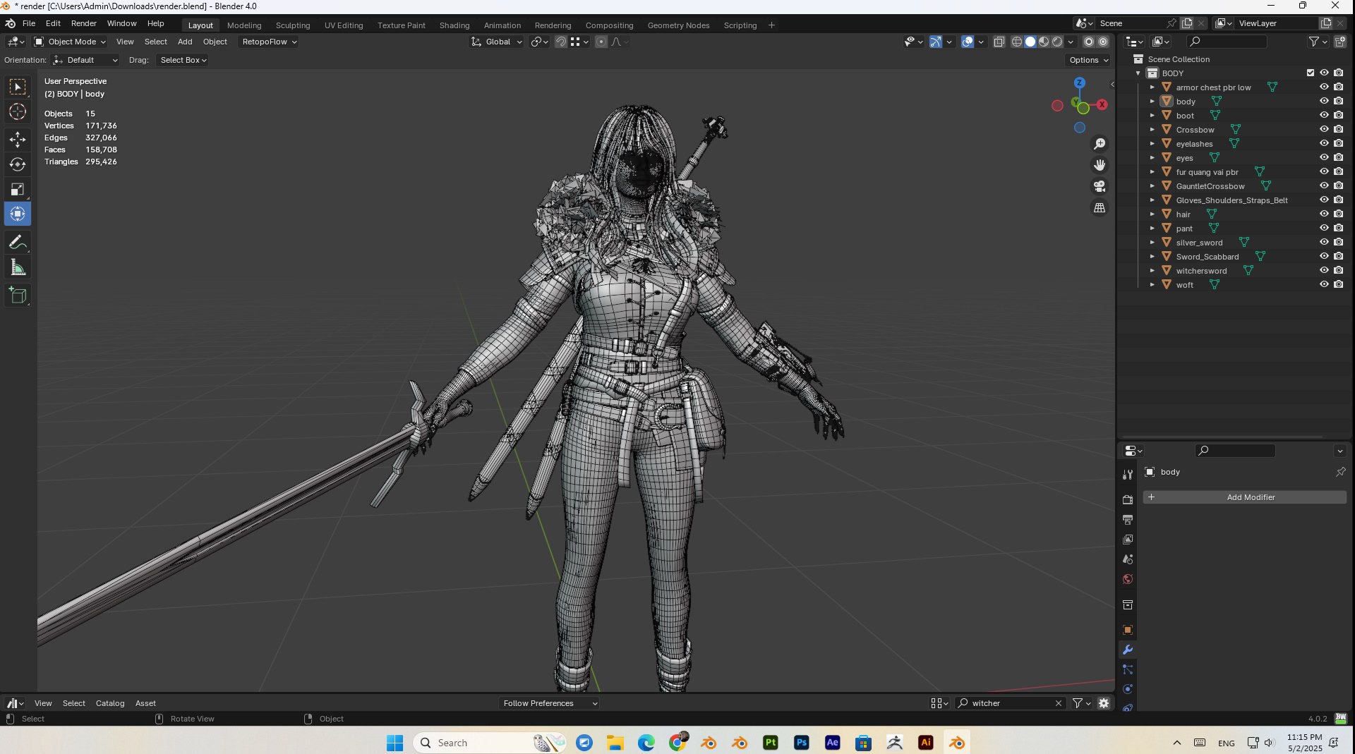 3D female witcher PBR Low-poly https://p.turbosquid.com/ts-thumb/5G/6D7olj/ib/bandicam20250502231541187/jpg/1746245513/1920x1080/fit_q87/01e322283d56af0ef2eab408bf2b0b10d55ae279/bandicam20250502231541187.jpg