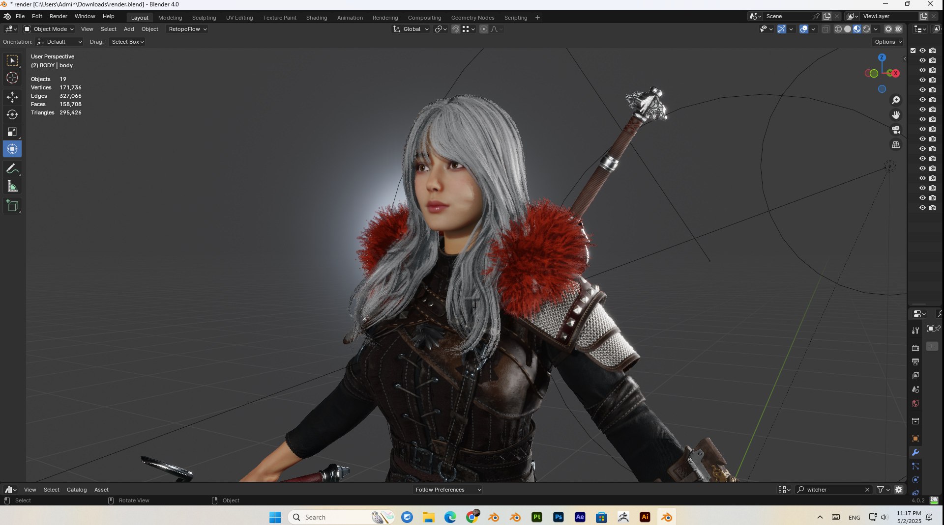 3D female witcher PBR Low-poly https://p.turbosquid.com/ts-thumb/5G/6D7olj/rb/bandicam20250502231725733/jpg/1746245503/1920x1080/fit_q87/e554a45eb3a65bb236d2527bfabccb11a78185fe/bandicam20250502231725733.jpg