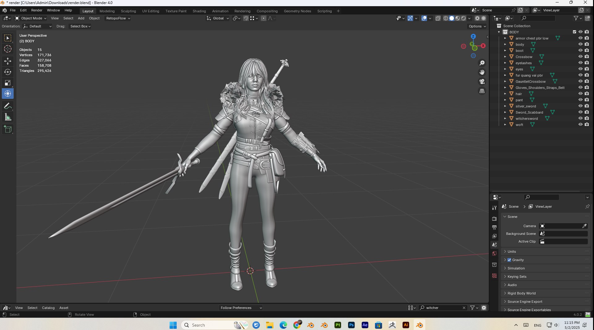 3D female witcher PBR Low-poly https://p.turbosquid.com/ts-thumb/5G/6D7olj/v8/bandicam20250502231511502/jpg/1746245514/1920x1080/fit_q87/3b8800b18418c66484d7c5b4c1b671ed28c01be3/bandicam20250502231511502.jpg