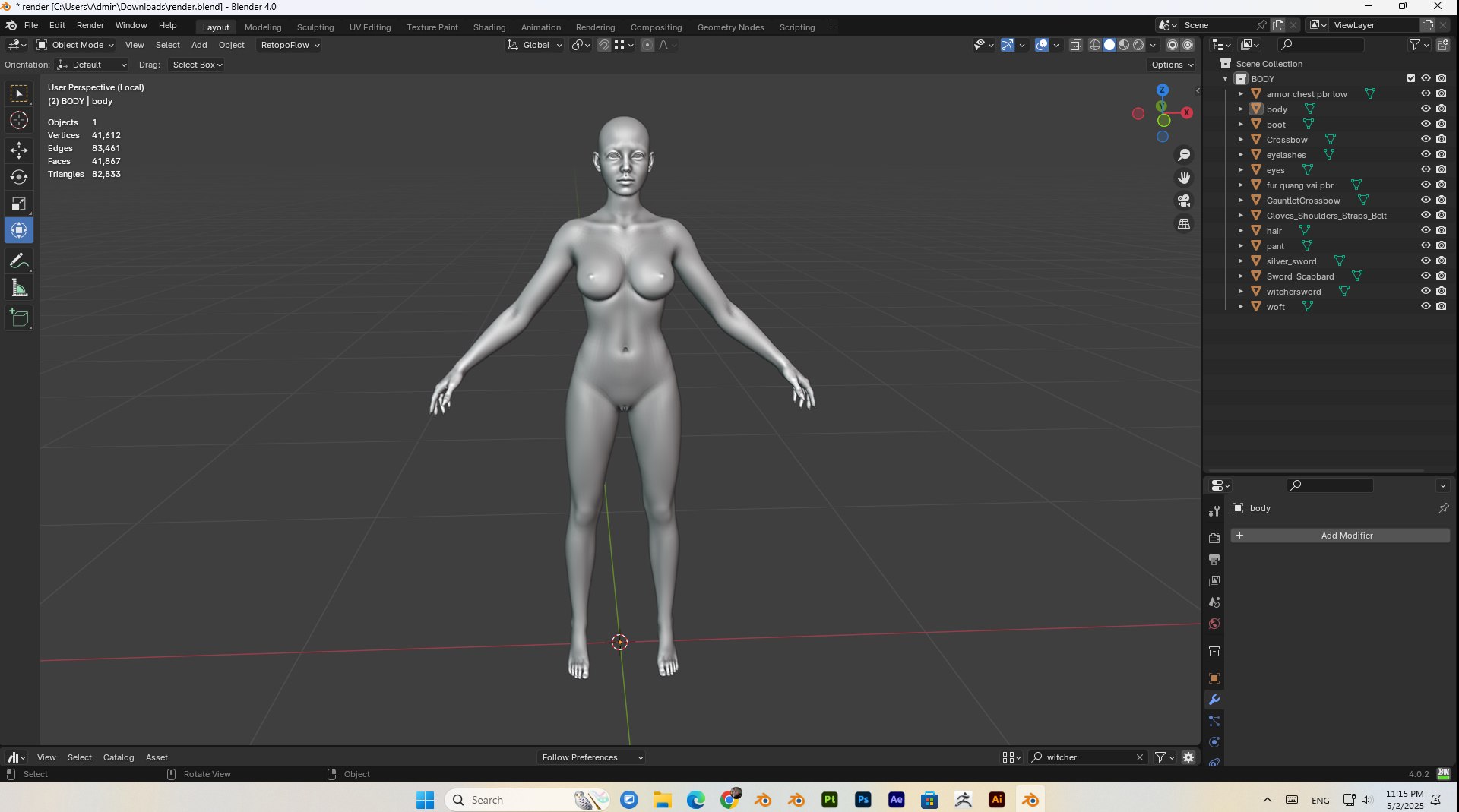 3D female witcher PBR Low-poly https://p.turbosquid.com/ts-thumb/5G/6D7olj/xO/bandicam20250502231522517/jpg/1746245513/1920x1080/fit_q87/46c7defac541e8851511253e353832505f721d19/bandicam20250502231522517.jpg