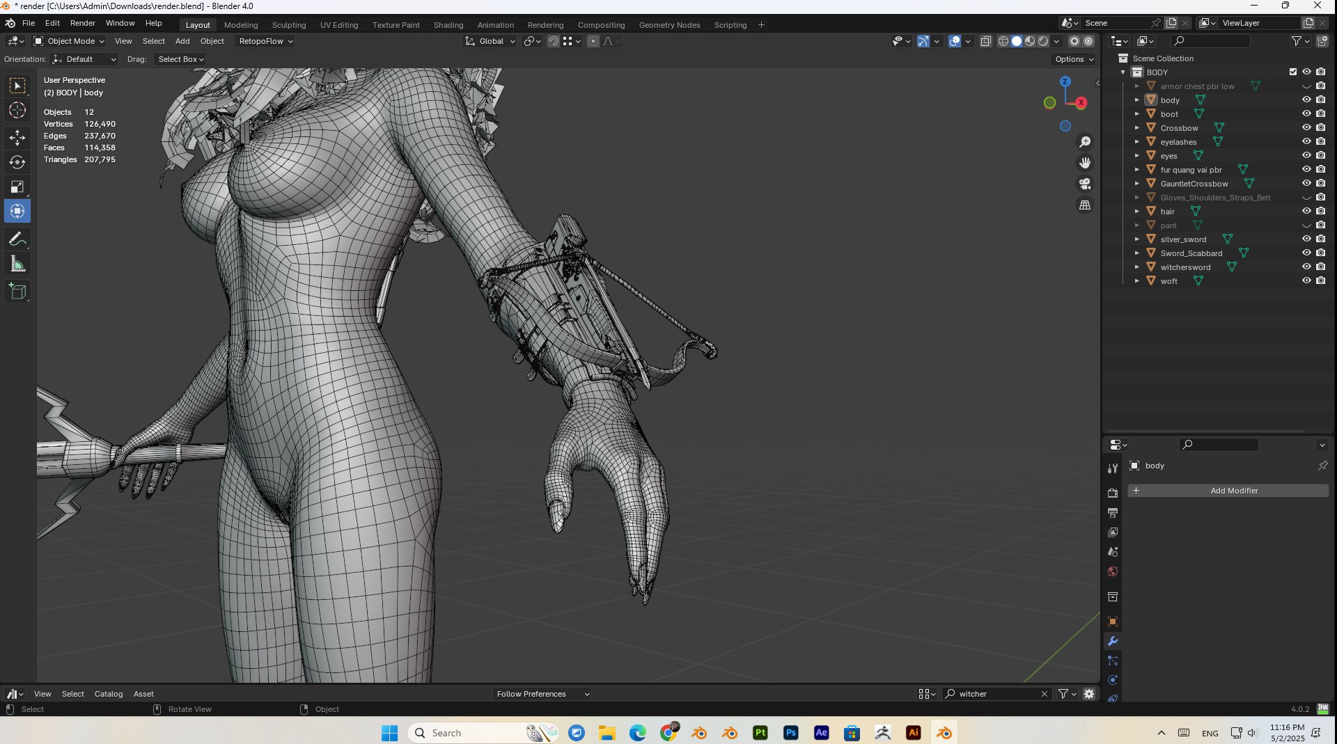 3D female witcher PBR Low-poly https://p.turbosquid.com/ts-thumb/5G/6D7olj/yH/bandicam20250502231643912/jpg/1746245507/1920x1080/fit_q87/bd17f8dd584f27bfa975642ecdc54939b7a0b1a9/bandicam20250502231643912.jpg