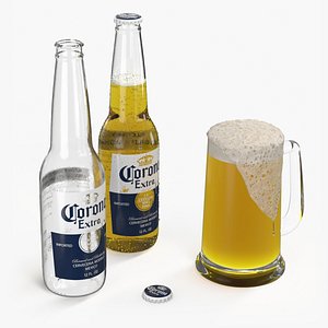 3D model Frothy Beer in Glass Mug with Corona Bottles
