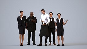 Basics0776 - A set containing 5 models of male and female adults standing working in the hospitality 3D model