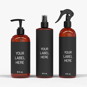 Plastic Cosmetic Bottles Trio Set 16oz-A 3D