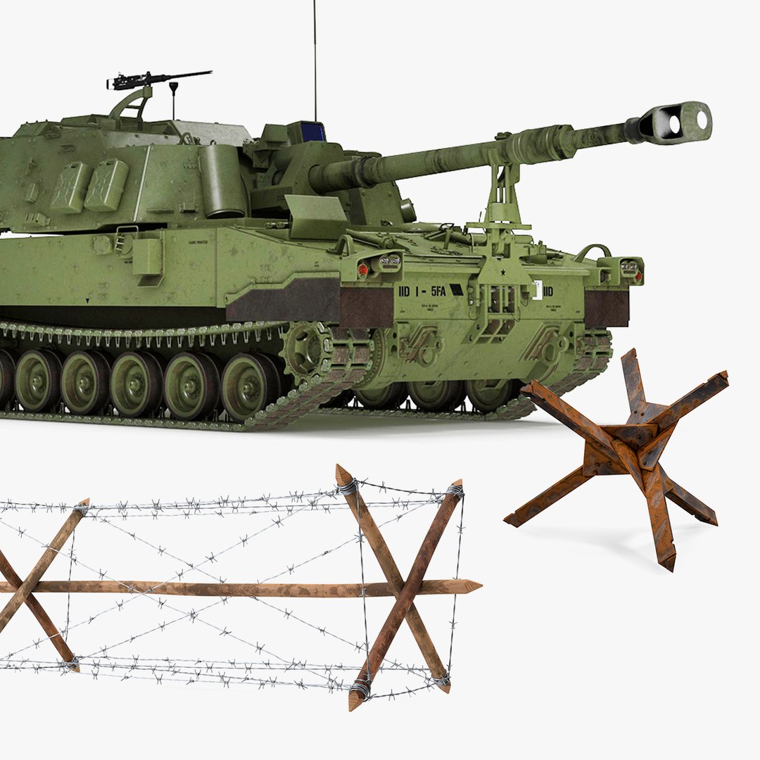 Howitzer Tank with Anti Tank Obstacles Collection 3D model preview