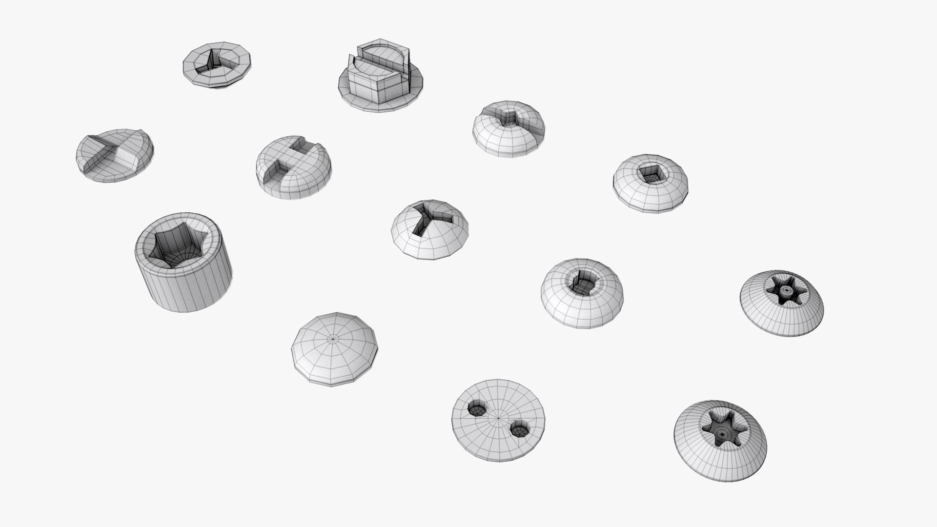 3D types screw heads https://p.turbosquid.com/ts-thumb/5K/w00Ujc/A8/screwheadscollection202wireframe/jpg/1645874080/1920x1080/fit_q87/8f955bce641ef520cc63a668192677c8c250a7eb/screwheadscollection202wireframe.jpg