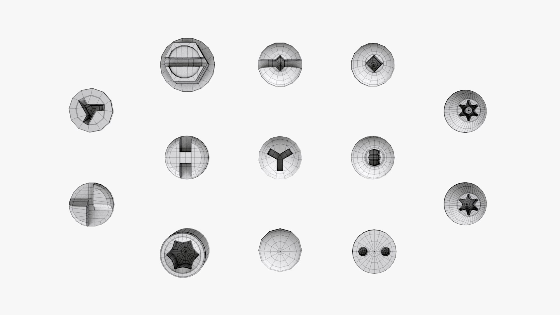 3D types screw heads https://p.turbosquid.com/ts-thumb/5K/w00Ujc/Cw/screwheadscollection201wireframe/jpg/1645874084/1920x1080/fit_q87/aadbd5c8f3f7d8c4324c770e626b2d494b1aa764/screwheadscollection201wireframe.jpg