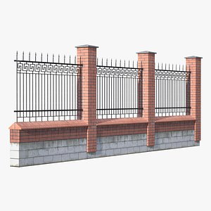 old brick wall iron fence 3D