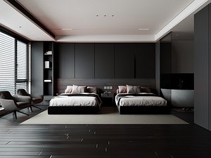 3D Dark Modern Double Bedroom Interior 3D Model model