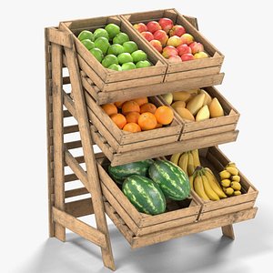 3D Fruits Large Wooden Rack and Crate with Fruits v1