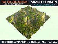 Low poly Realistic Green Mountain Terrain 07 - Game Ready