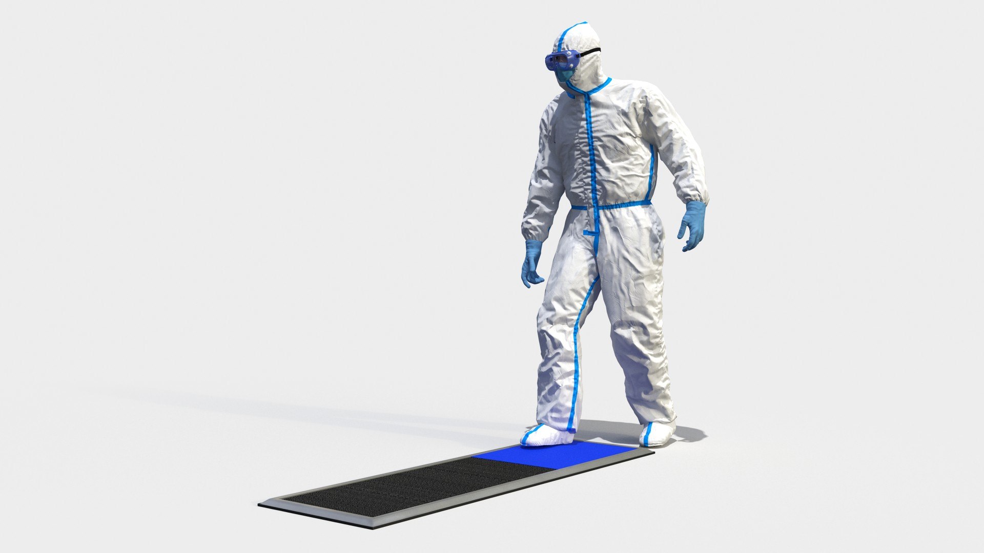 Man in Medical Protective Suit with Cleanroom Sticky Mats 3D model preview